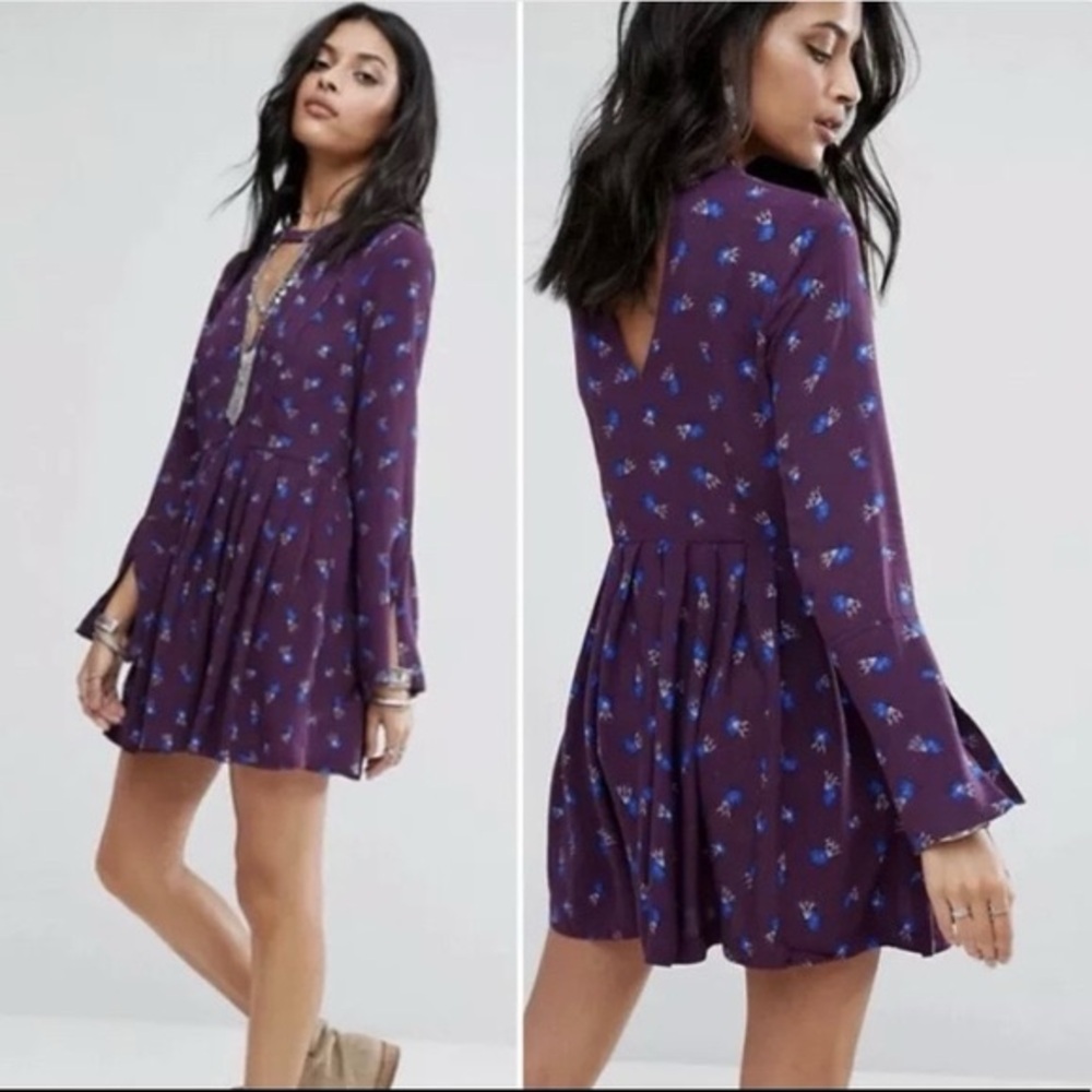 Free People Tegan Purple Long Sleeve Fit and Flare Floral Mini Dress size 4